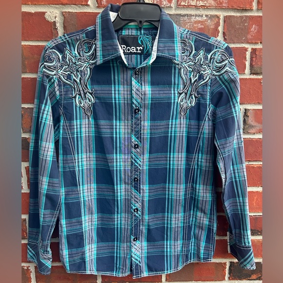 Roar Men’s Embroidered Plaid Slim Fit Long Sleeve Button Down Small Shirt C9 - Picture 1 of 8